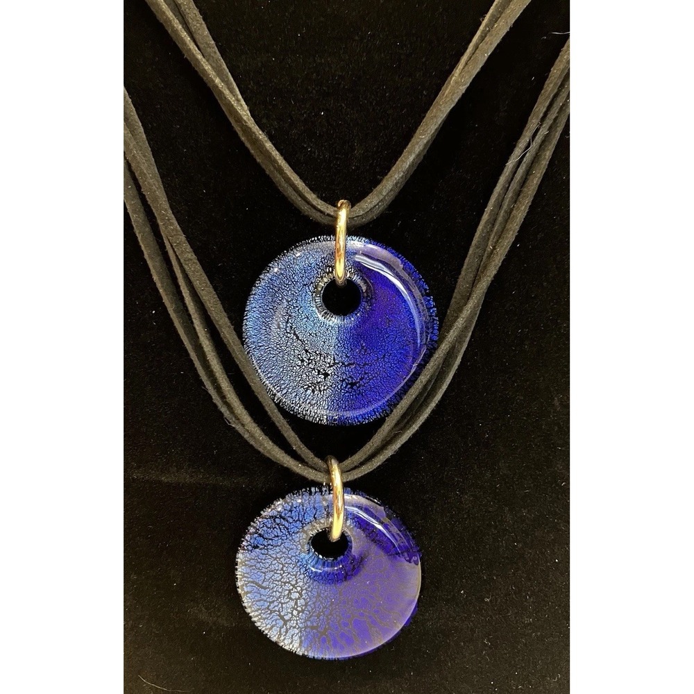 Set 2 Royal Blue Shimmer Donut Circle Pendant Glass W/Cord Necklace Statement